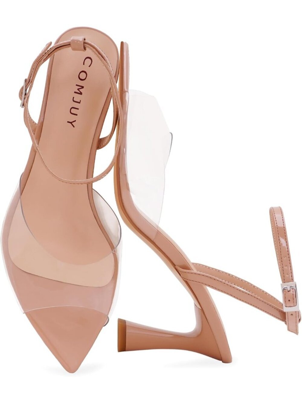 Women's Clear Peep Pointed Toe Kitten Heeled Sandals Strappy Flared Heels Shoes